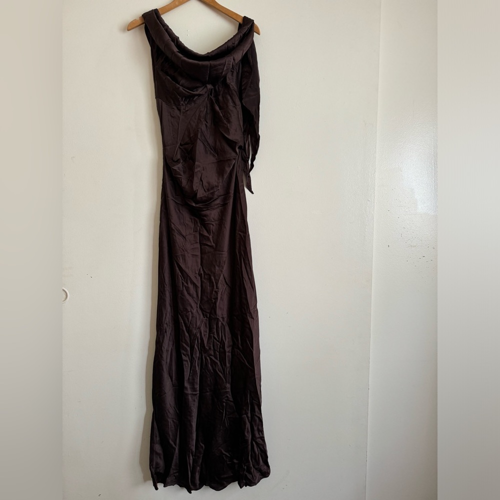 One-Shoulder 100% Silk Satin Evening Gown in Chocolate Brown - Picture 5 of 12